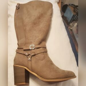 Tan Brown Knee Harness Wide Calf Heeled Boot Size 10